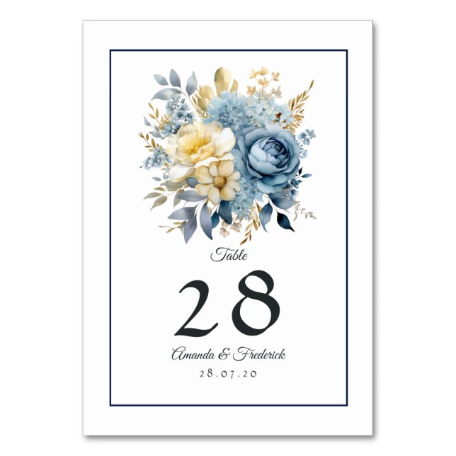 Numeração De Mesa Casamento Floral em Azul Poente e Dourado (Frente)