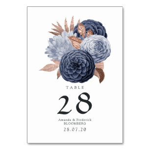 Numeração De Mesa Casamento Floral em Azul Poento e Dourado Rosa