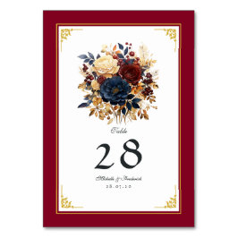 Numeração De Mesa Casamento Floral em Dourado, Azul Marinho e Burgun
