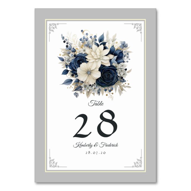 Numeração De Mesa Casamento Floral marinho Azul, Creme e Prata (Frente)
