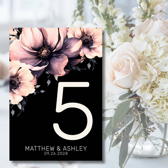 Numeração De Mesa Casamento Floral Preto-Rosa Moderno (Unique Modern Boho Pink Black Floral Wedding Table Number)