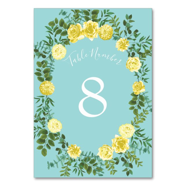 Numeração De Mesa Casamento Floral Primavera de Amarelo e Aqua Vinta (Verso)