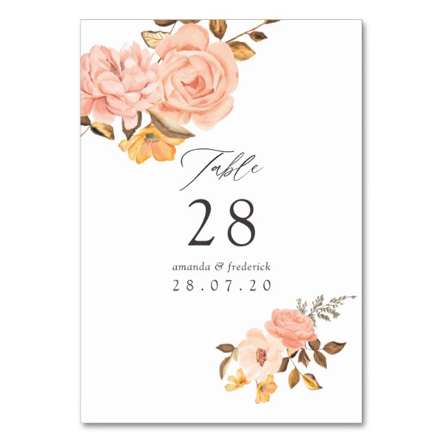 Numeração De Mesa Casamento Floral Rosa e Dourado em Aquarela (Frente)