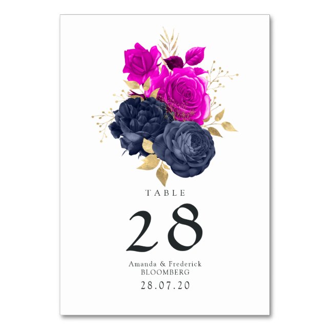 Numeração De Mesa Casamento Floral Rosa Navy e Dourado (Frente)