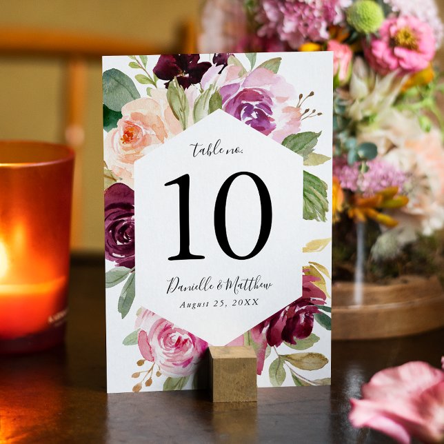 Numeração De Mesa Casamento Floral Rosa Rústico Borgonha e Roxo (Criador carregado)