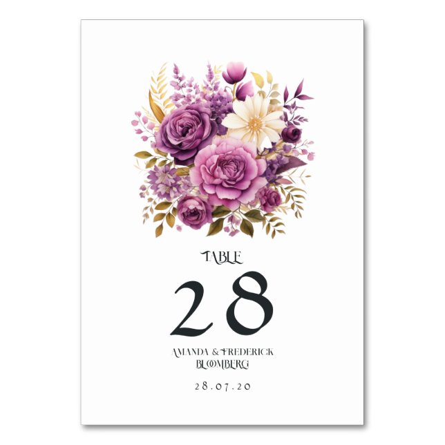 Numeração De Mesa Casamento Floral Roxo e Dourado (Frente)