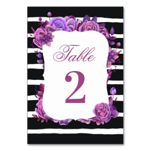Numeração De Mesa Casamento floral roxo e rosa. Listras pretas