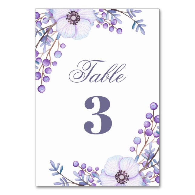 Numeração De Mesa Casamento floral roxo. Flores lilás aquarela (Frente)