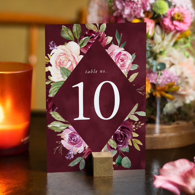 Numeração De Mesa Casamento Floral Rústico Rosa Burgundy e Roxo (Criador carregado)