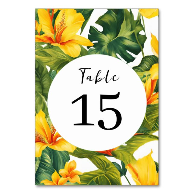 Numeração De Mesa Casamento Floral Tropical Amarelo (Frente)