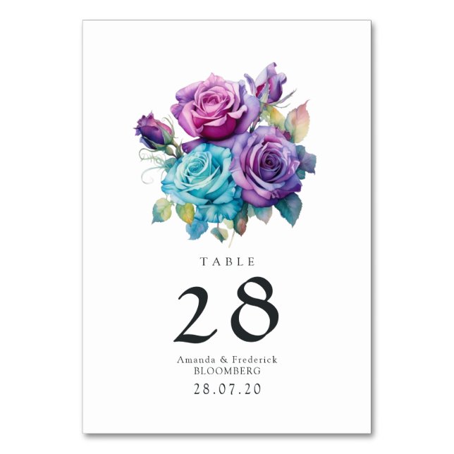 Numeração De Mesa Casamento Floral Turquesa e Roxo (Frente)