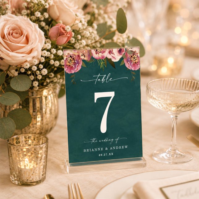 Numeração De Mesa Casamento Floral Verde Teal Profundo Chic Blooming (Criador carregado)