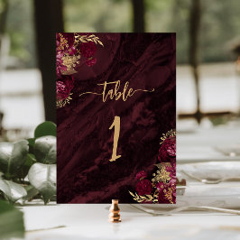 Numeração De Mesa Casamento Floral Vermelho Borgonha Elegante Dourad