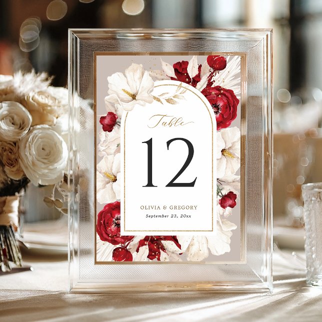 Numeração De Mesa Casamento floral vermelho-rubi e branco (Criador carregado)