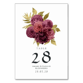 Numeração De Mesa Casamento Floral Vintage em Borgonha e Dourado