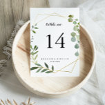 Numeração De Mesa Casamento geométrico Dourado da Caligrafia Verde T<br><div class="desc">Este número da mesa de casamento da caligrafia verde-tropical de ouro geométrico é perfeito para um casamento moderno. A design apresenta lindas folhas verdes pintadas à mão, enfeitando um quadro geométrico dourado. Este é um número de tabela de dois lados. Adicione cada número de tabela de que você precisa ao...</div>