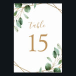 Numeração De Mesa Casamento Geométrico Eucalyptus Greenery Dourado<br><div class="desc">Projetada para coordenar com a nossa coleção de casamento Moody Greenery, esta placa personalizável de números de tabela apresenta folhas de cor aquosa verde de eucalipto acentuadas com uma estrutura geométrica dourada e emparelhadas com um script de na moda e fonte de serifa clássica em ouro. Para fazer alterações avançadas,...</div>