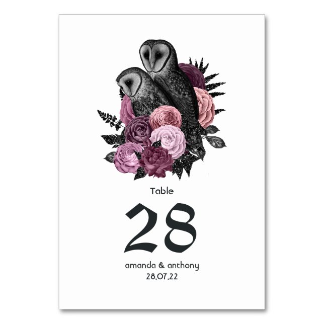 Numeração De Mesa Casamento Gótico de Corujas Florais Malva (Frente)