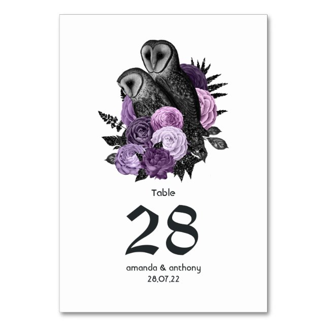 Numeração De Mesa Casamento Gótico de Corujas Florais Roxas (Frente)
