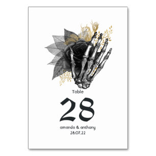 Numeração De Mesa Casamento Gótico Esqueleto Floral Preto e Dourado