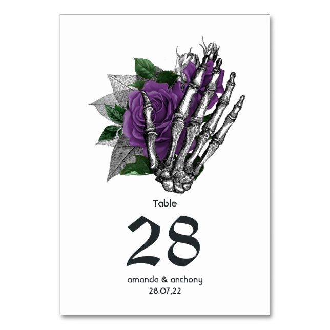 Numeração De Mesa Casamento Gótico Esqueleto Floral Roxo (Frente)