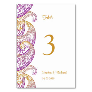Numeração De Mesa Casamento índio Dourado e roxo de Paisley