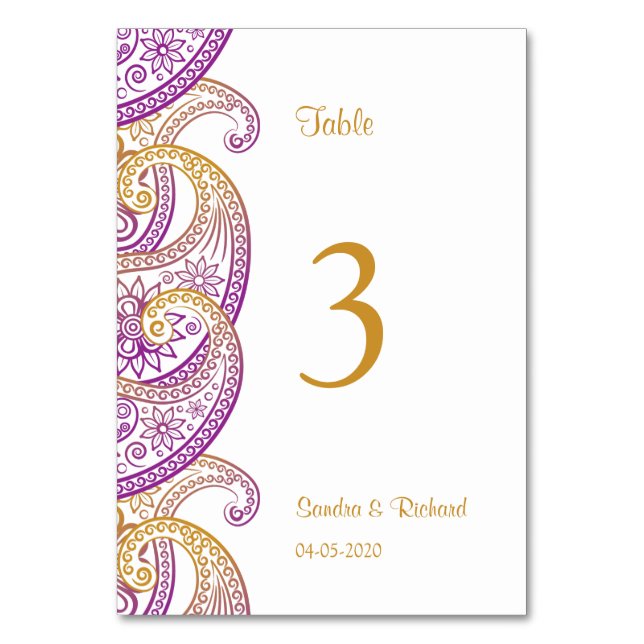 Numeração De Mesa Casamento índio Dourado e roxo de Paisley (Frente)