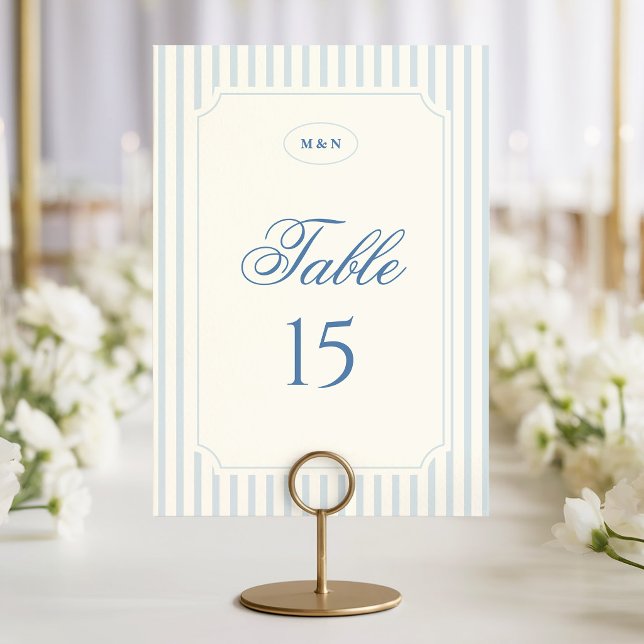Numeração De Mesa Casamento Listras Azul Claro Clássico (classic light blue stripes wedding table number card)