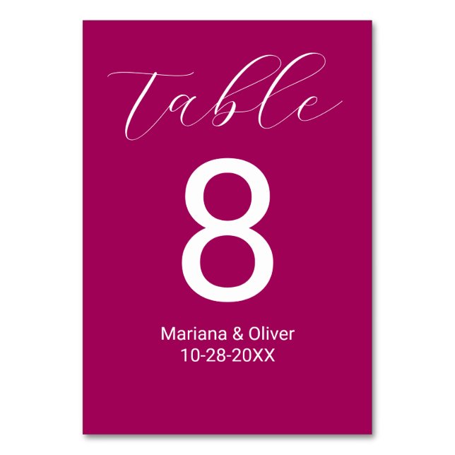 Numeração De Mesa Casamento Magenta com Script de Caligrafia Elegant (Frente)