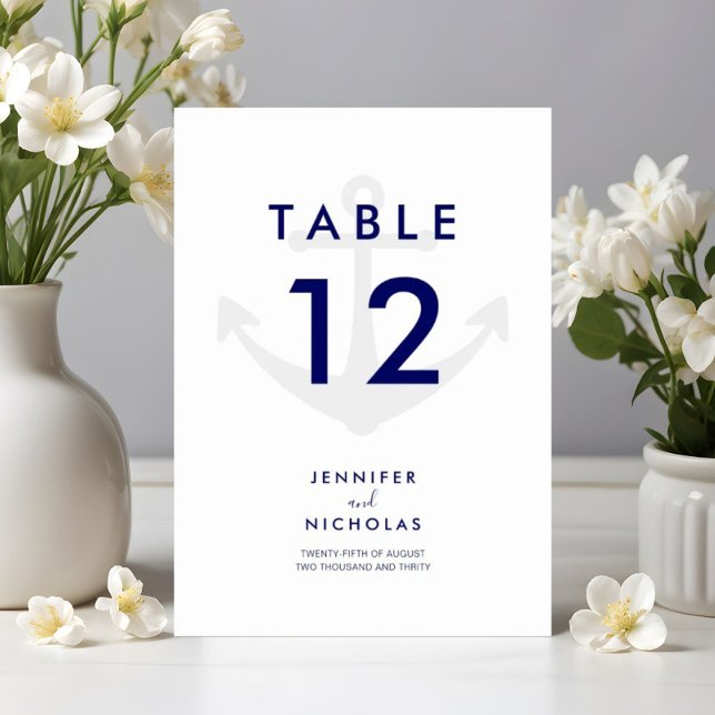 Numeração De Mesa Casamento Moderno Azul Marinho Âncora Náutica (Modern Navy Blue Nautical Anchor Wedding Table Number)