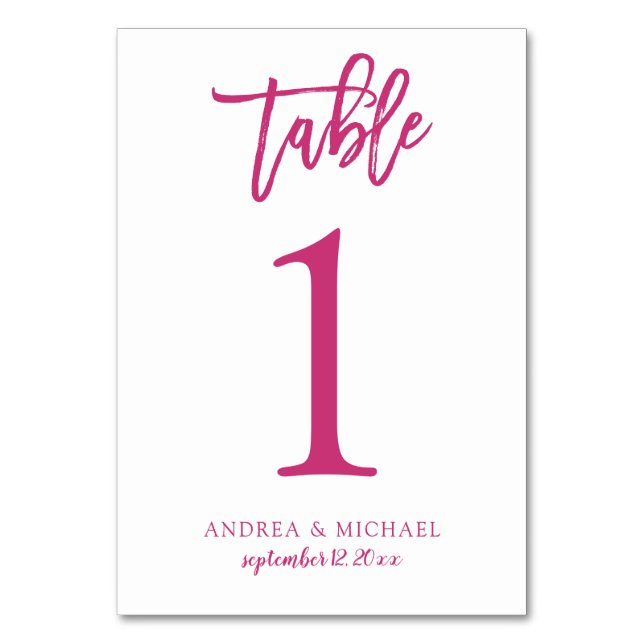 Numeração De Mesa Casamento Moderno Casual | Brush Script (Magenta)  (Frente)