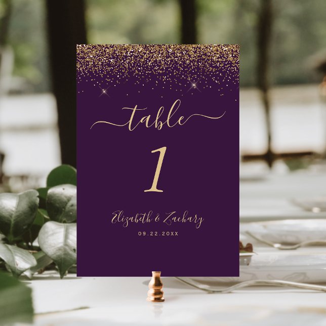 Numeração De Mesa Casamento Moderno com Brilho Dourado e Borda Roxa (Criador carregado)