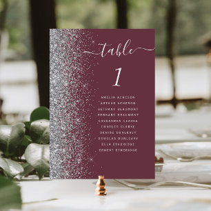 Numeração De Mesa Casamento Moderno com Brilho Prata em Borgonha