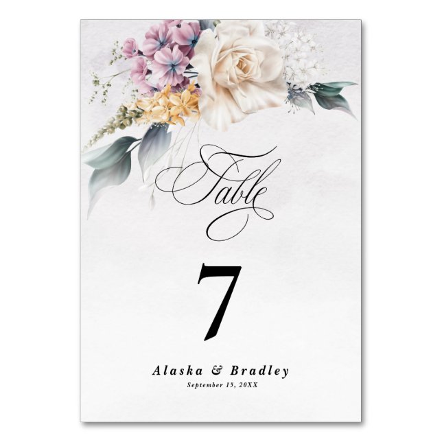 Numeração De Mesa Casamento Moderno da Caligrafia Floral de Watercol (Frente)