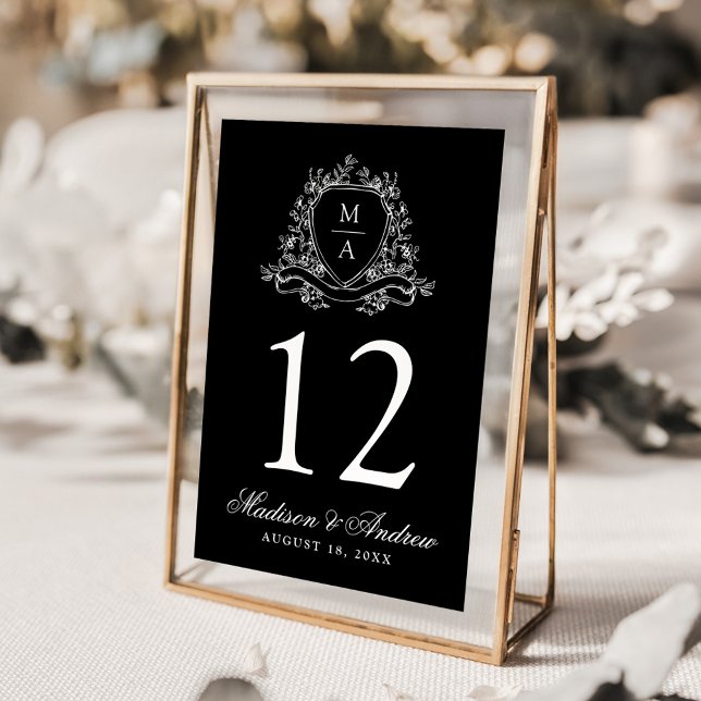 Numeração De Mesa Casamento Negra Do Monograma De Crest Floral Elega (Criador carregado)