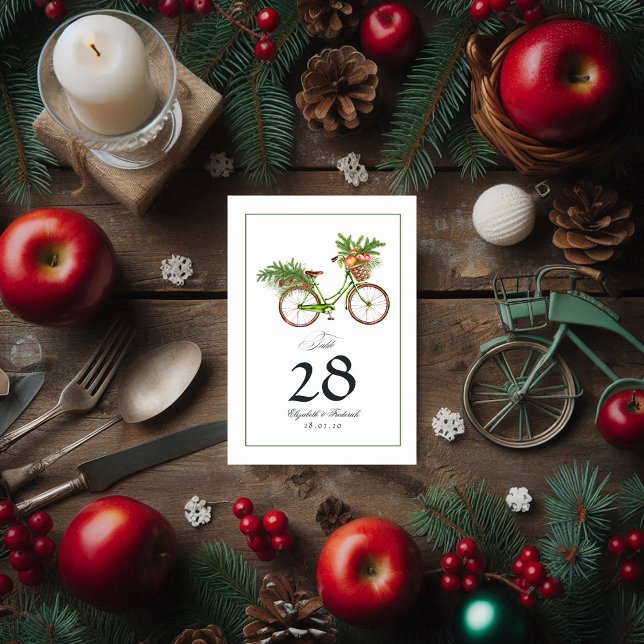 Numeração De Mesa Casamento no inverno de Bicicleta de Maçãs e Pinhõ (Christmas Apples and Pines Bicycle Winter Wedding Table Number Cards)