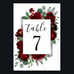 Numeração De Mesa Casamento no inverno Rosa da Borgonha Red & Silver<br><div class="desc">Design apresenta pedônia de aquarela e elementos florais de rosa em tons de vermelho e burgundy sobre verde botânico de eucalipto. Modelo também apresenta uma caixa de cor prateada ou cinza impressa para um layout elegante adicionado. A tipografia exibe um layout moderno com texto preto. Exibir o link de coleção...</div>