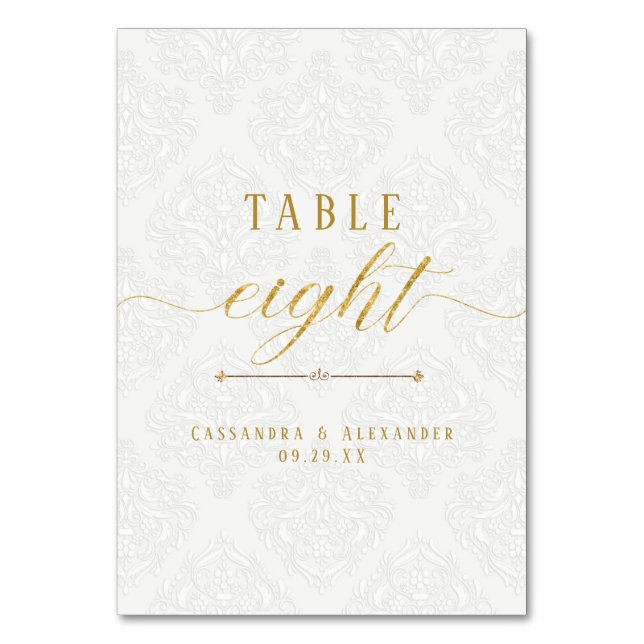 Numeração De Mesa Casamento Oito 8 Dourado Renda Branco Script Elega (Frente)