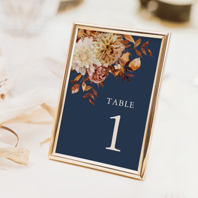 Numeração De Mesa Casamento outono Azul do Marinho Moderno (Modern Navy Blue Fall Floral Wedding Table Number by Painted Paperie)