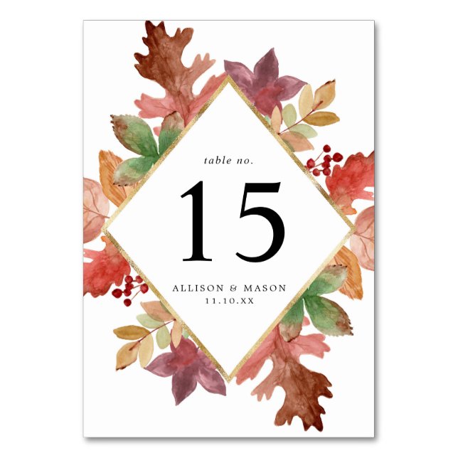 Numeração De Mesa Casamento Personalizado Folhas de Outono Rústico (Frente)