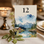 Numeração De Mesa Casamento por Aquarela do Lago Rustic Barn<br><div class="desc">Cartão de número da mesa de casamento com design de aquarela com um charmoso celeiro de casamento rústico enfiado nas margens de um lago tranquilo, enquadrado por montanhas majestosas e pinheiros torrenciais. A cena do campo de aquarela captura a beleza serena de um dia iluminado por sol, com as matizes...</div>