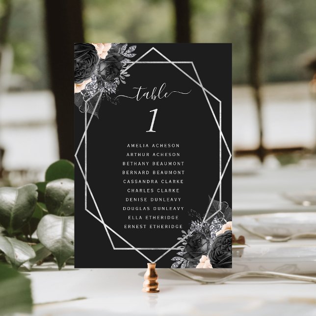 Numeração De Mesa Casamento Preto de Frame Geométrico de Prata Flora (Criador carregado)