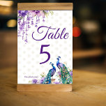 Numeração De Mesa Casamento púrpura da Índia<br><div class="desc">Pavão e flores roxas,  cor d'água,  placa de número da mesa de casamento indiana. Dois belos pavões flores roxas de jasmim,  wisteria pendurada flores e cartão de número da mesa de garlands</div>