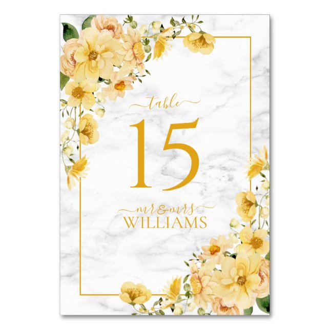Numeração De Mesa Casamento Recepção Floral Mármore Amarelo Rústico (Frente)