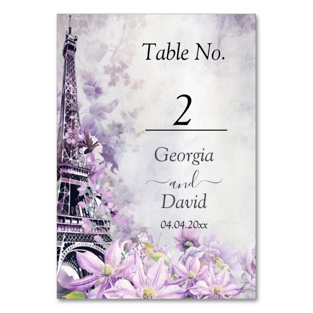 Numeração De Mesa Casamento Romance de Lavanda da Torre Eiffel (Frente)