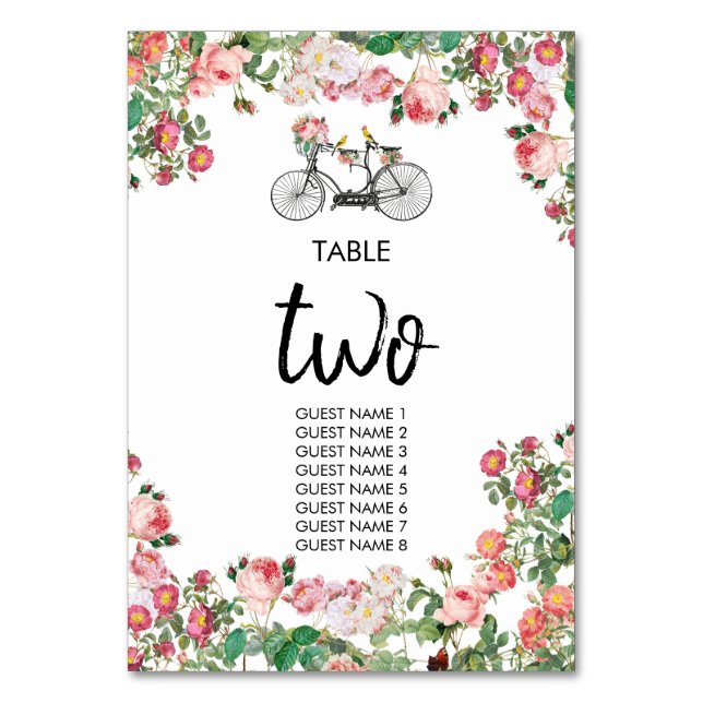 Numeração De Mesa Casamento Romântico de Flores de Bicicletas e Aves (Frente)