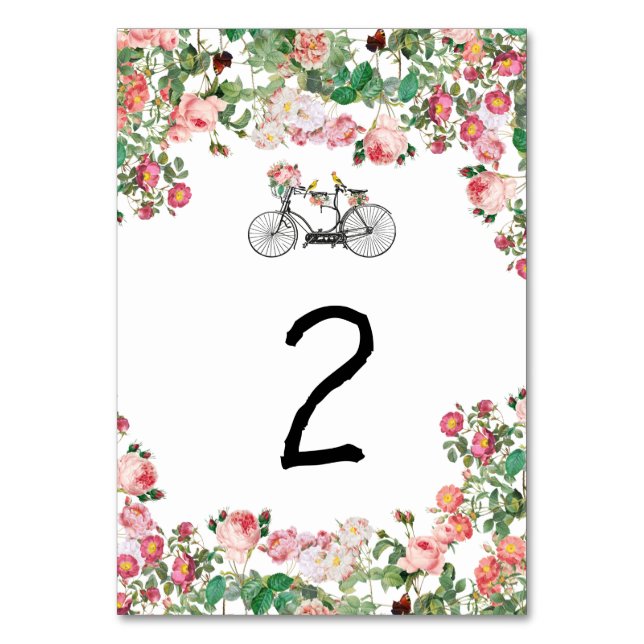 Numeração De Mesa Casamento Romântico de Flores de Bicicletas e Aves (Frente)