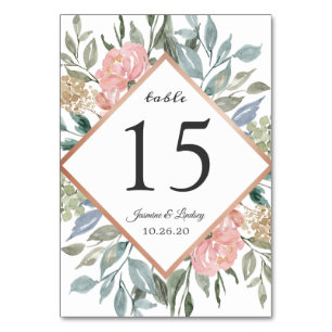 Numeração De Mesa Casamento Russo da Folhagem Verde Azul Dusty Pink