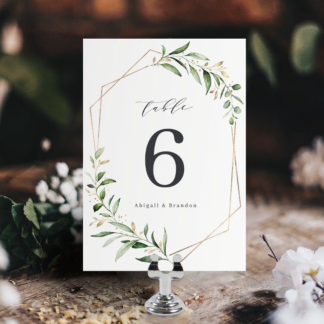Numeração De Mesa Casamento Russo Geométrico Dourado do Verde Modern (Modern Greenery Gold Geometric Rustic Wedding Table Number)