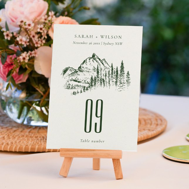 Numeração De Mesa Casamento Rustic Green Pine Woods Mountain Sketch (Criador carregado)